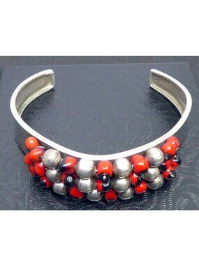 Vintage Peruvian 950 Silver & Huayruro Seed "Good Luck" Amulet Cuff Bracelet